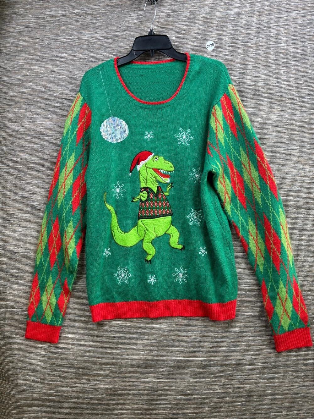 Jolly Sweaters Ugly Christmas Sweater Dinosaur T-Rex Dancing Size XL Green